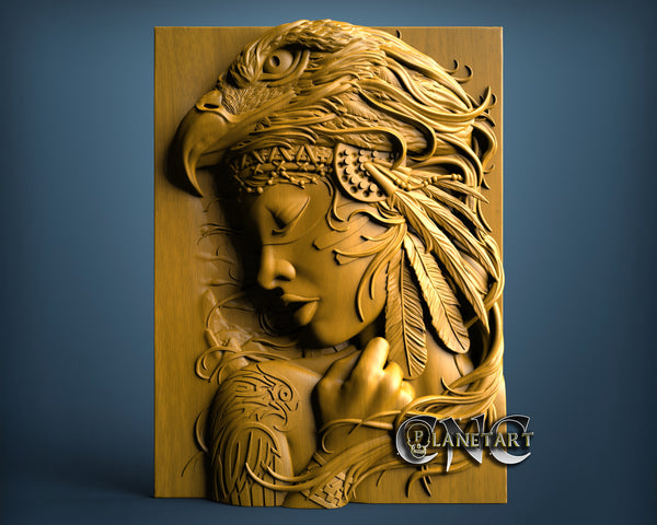 Indian Girl with Eagle, 3D STL Model 11402