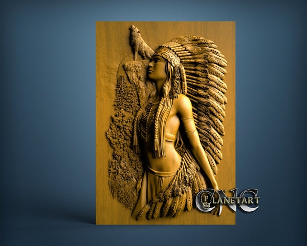 Indian Native American Woman with Wolf, 3D STL Model 15206