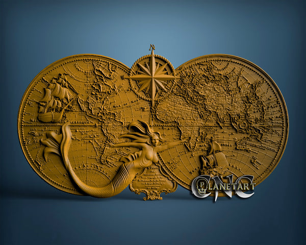 Mermaid and World Map, 3D STL Model 6611