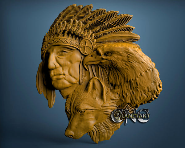 Indian with Eagle and Wolf, 3D STL Model 2099